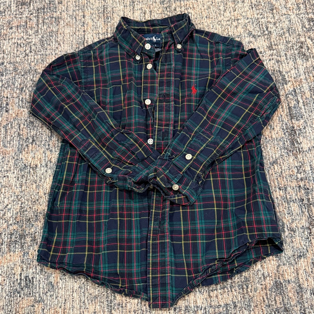 Ralph Lauren Boy’s Green and Red Plaid Button-Down Shirt size 5